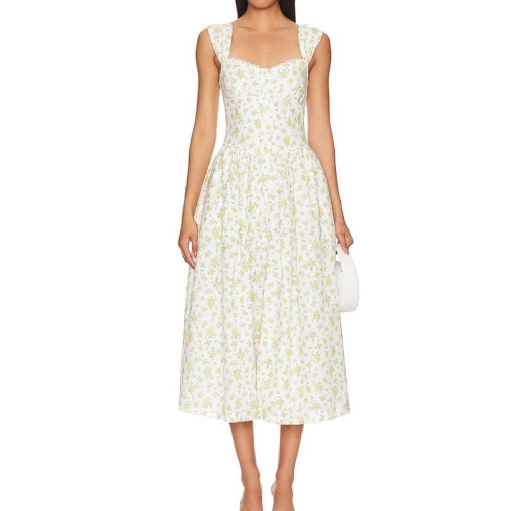 Bardot White Midi Dress with Pale Yellow Floral Print